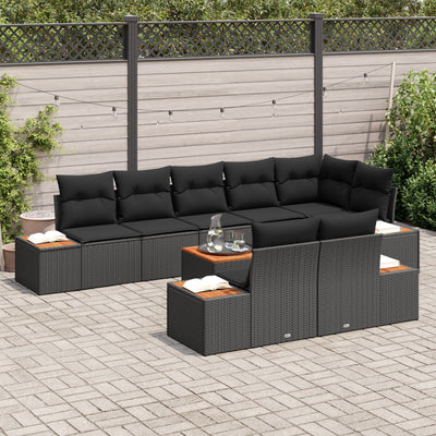 9 Piece Garden Sofa Set with Cushions Black Poly Rattan Acacia