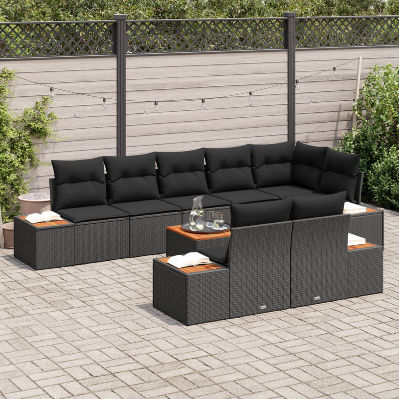 9 Piece Garden Sofa Set with Cushions Black Poly Rattan Acacia