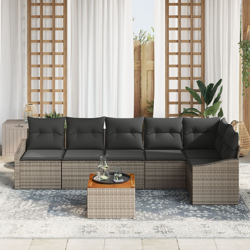 7 Piece Garden Sofa Set with Cushions Grey Poly Rattan Acacia