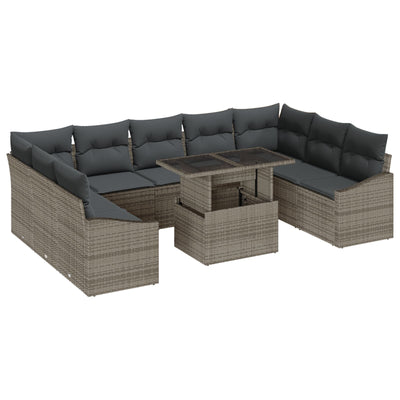 10 Piece Garden Sofa Set with Cushions Grey Poly Rattan