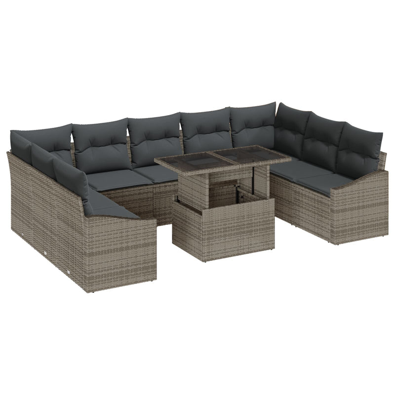 10 Piece Garden Sofa Set with Cushions Grey Poly Rattan