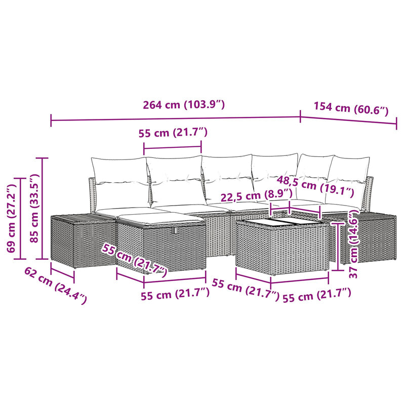 7 Piece Garden Sofa Set with Cushions Black Poly Rattan