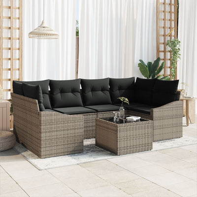 7 Piece Garden Sofa Set with Cushions Grey Poly Rattan