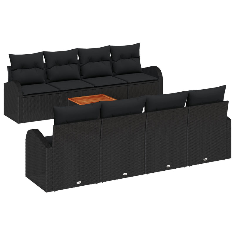 9 Piece Garden Sofa Set with Cushions Black Poly Rattan Acacia
