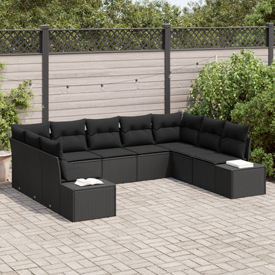 9 Piece Garden Sofa Set with Cushions Black Poly Rattan