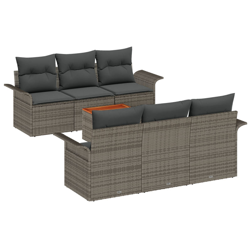 7 Piece Garden Sofa Set with Cushions Grey Poly Rattan Acacia