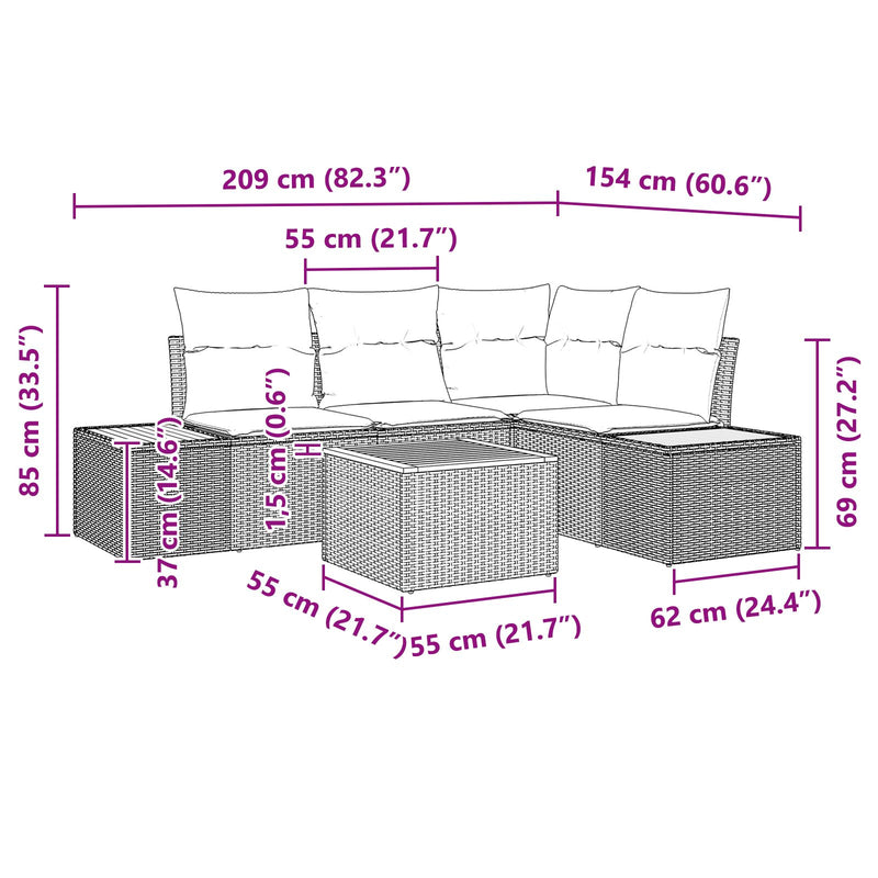 5 Piece Garden Sofa Set with Cushions Black Poly Rattan Acacia