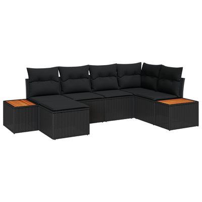 6 Piece Garden Sofa Set with Cushions Black Poly Rattan Acacia