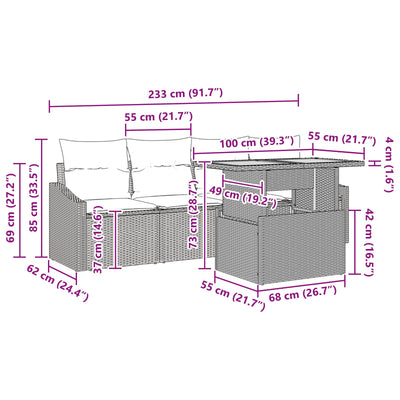 Garden Sofa Set Set of 5 Black Rattan, Polyester Outdoor Table