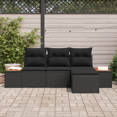 4 Piece Garden Sofa Set with Cushions Black Poly Rattan Acacia
