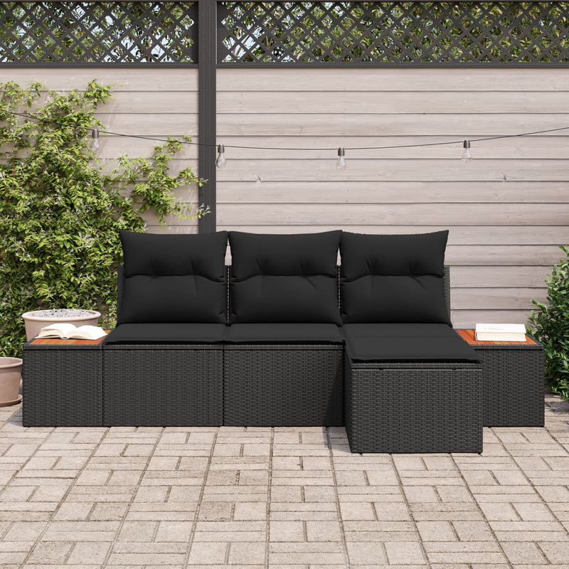 4 Piece Garden Sofa Set with Cushions Black Poly Rattan Acacia