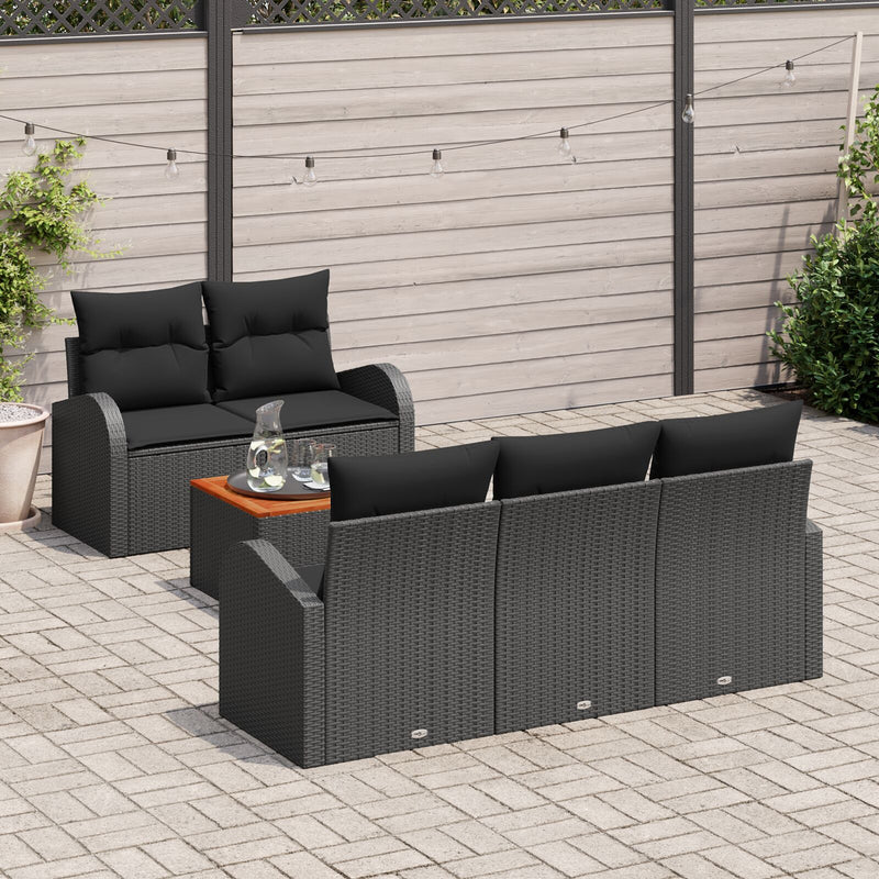 6 Piece Garden Sofa Set with Cushions Black Poly Rattan Acacia
