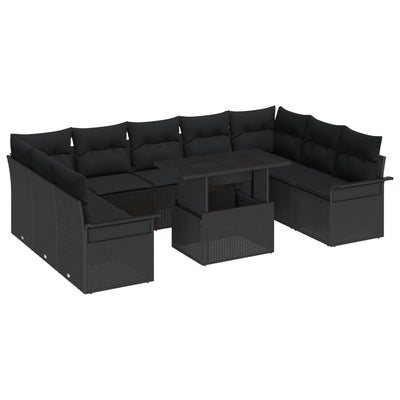 10 Piece Garden Sofa Set with Cushions Black Poly Rattan