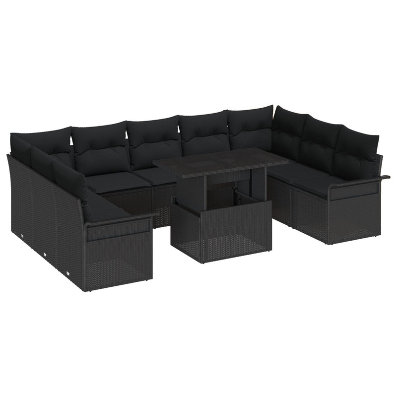 10 Piece Garden Sofa Set with Cushions Black Poly Rattan