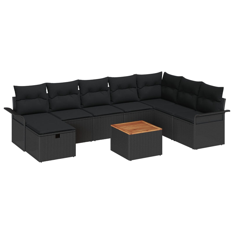 9 Piece Garden Sofa Set with Cushions Black Poly Rattan