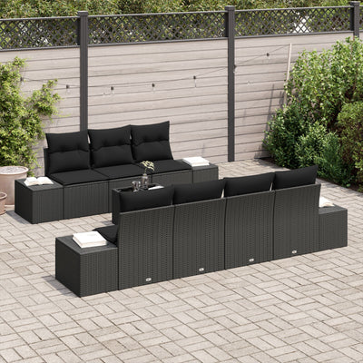 8 Piece Garden Sofa Set with Cushions Black Poly Rattan