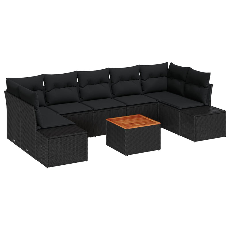 8 Piece Garden Sofa Set with Cushions Black Poly Rattan Acacia