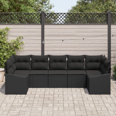 7 Piece Garden Sofa Set with Cushions Black Poly Rattan