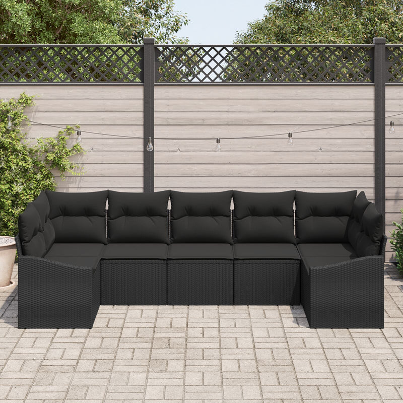 7 Piece Garden Sofa Set with Cushions Black Poly Rattan