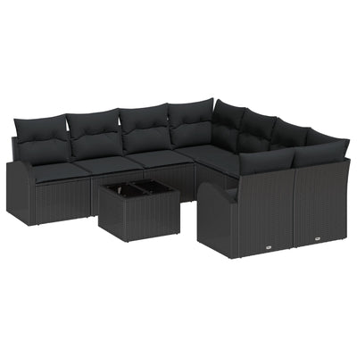 9 Piece Garden Sofa Set with Cushions Black Poly Rattan