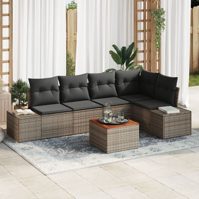 6 Piece Garden Sofa Set with Cushions Grey Poly Rattan Acacia