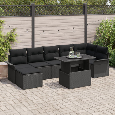 8 Piece Garden Sofa Set with Cushions Black Poly Rattan