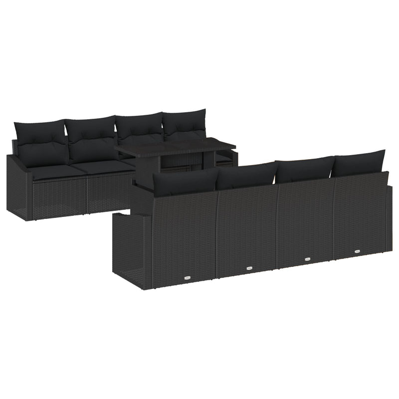 9 Piece Garden Sofa Set with Cushions Black Poly Rattan