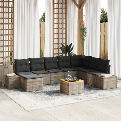 9 Piece Garden Sofa Set with Cushions Grey Poly Rattan Acacia