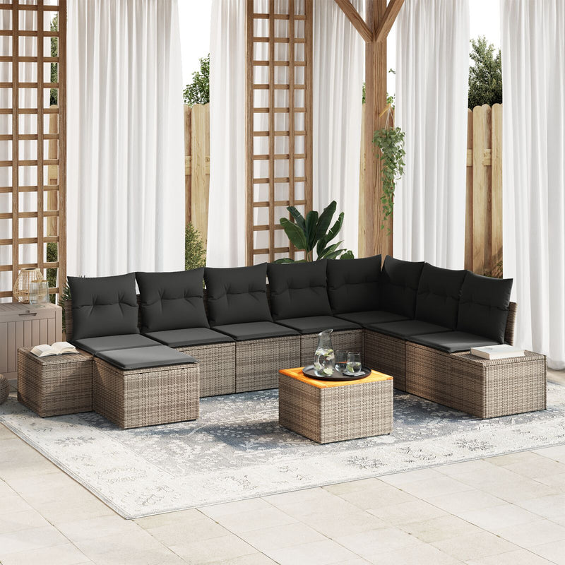 9 Piece Garden Sofa Set with Cushions Grey Poly Rattan Acacia