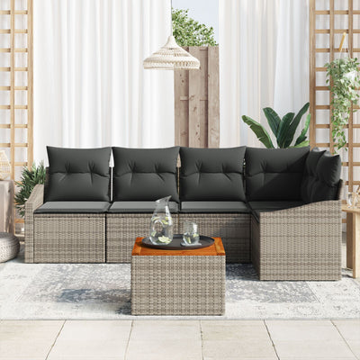 6 Piece Garden Sofa Set with Cushions Grey Poly Rattan Acacia