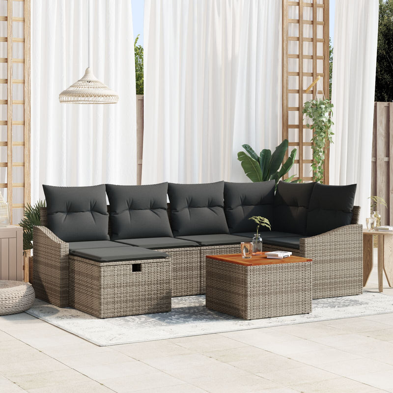 7 Piece Garden Sofa Set with Cushions Grey Poly Rattan