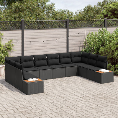 10 Piece Garden Sofa Set with Cushions Black Poly Rattan Acacia