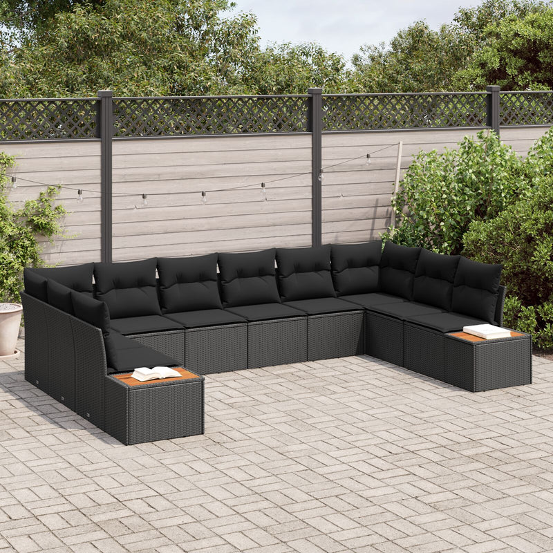 10 Piece Garden Sofa Set with Cushions Black Poly Rattan Acacia