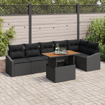 7 Piece Garden Sofa Set with Cushions Black Poly Rattan