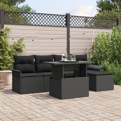 6 Piece Garden Sofa Set with Cushions Black Poly Rattan
