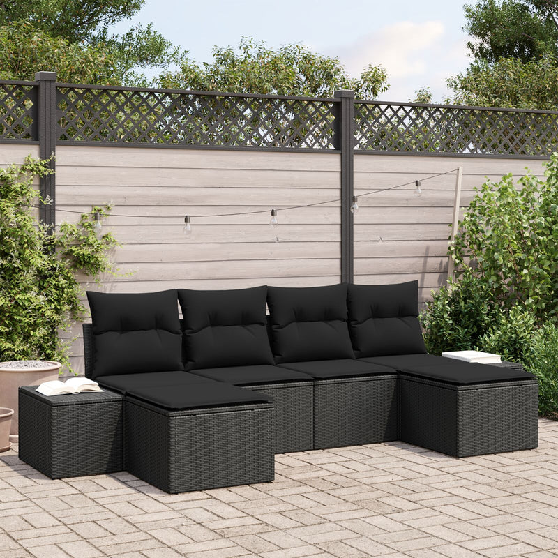 6 Piece Garden Sofa Set with Cushions Black Poly Rattan