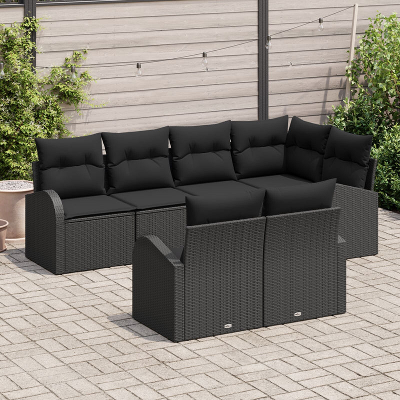 Garden Sofa Set Set of 7 Black Poly Rattan, Polyester cushions