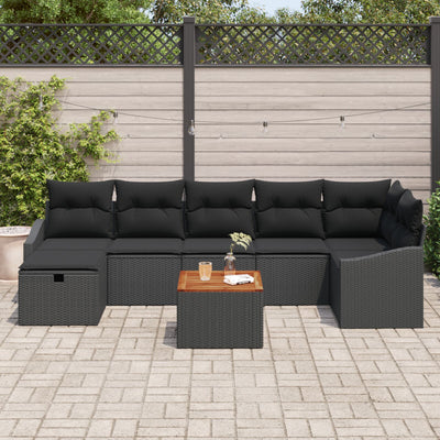 8 Piece Garden Sofa Set with Cushions Black Poly Rattan