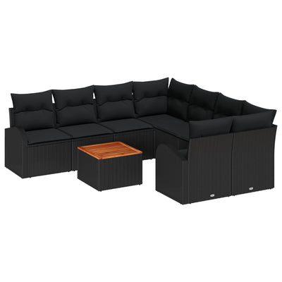 9 Piece Garden Sofa Set with Cushions Black Poly Rattan Acacia