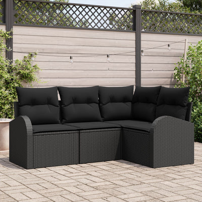 4 Piece Garden Sofa Set with Cushions Black Poly Rattan