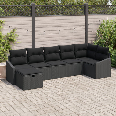 7 Piece Garden Sofa Set with Cushions Black Poly Rattan