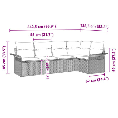 5 Piece Garden Sofa Set with Cushions Grey Poly Rattan
