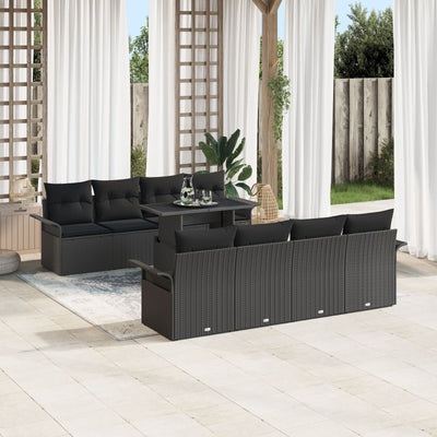 9 Piece Garden Sofa Set with Cushions Black Poly Rattan
