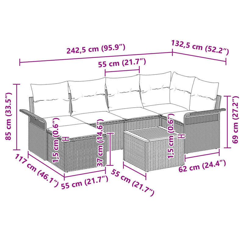 7 Piece Garden Sofa Set with Cushions Black Poly Rattan Acacia