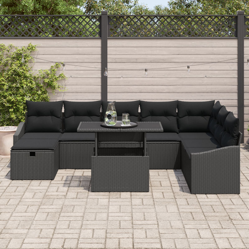9 Piece Garden Sofa Set with Cushions Black Poly Rattan