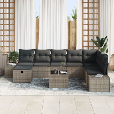 9 Piece Garden Sofa Set with Cushions Grey Poly Rattan