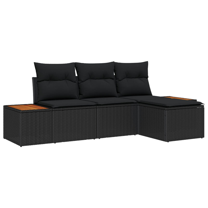 4 Piece Garden Sofa Set with Cushions Black Poly Rattan Acacia