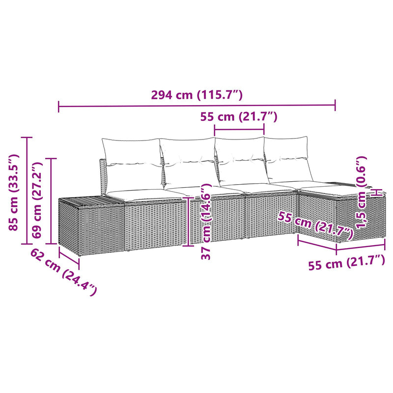 5 Piece Garden Sofa Set with Cushions Black Poly Rattan