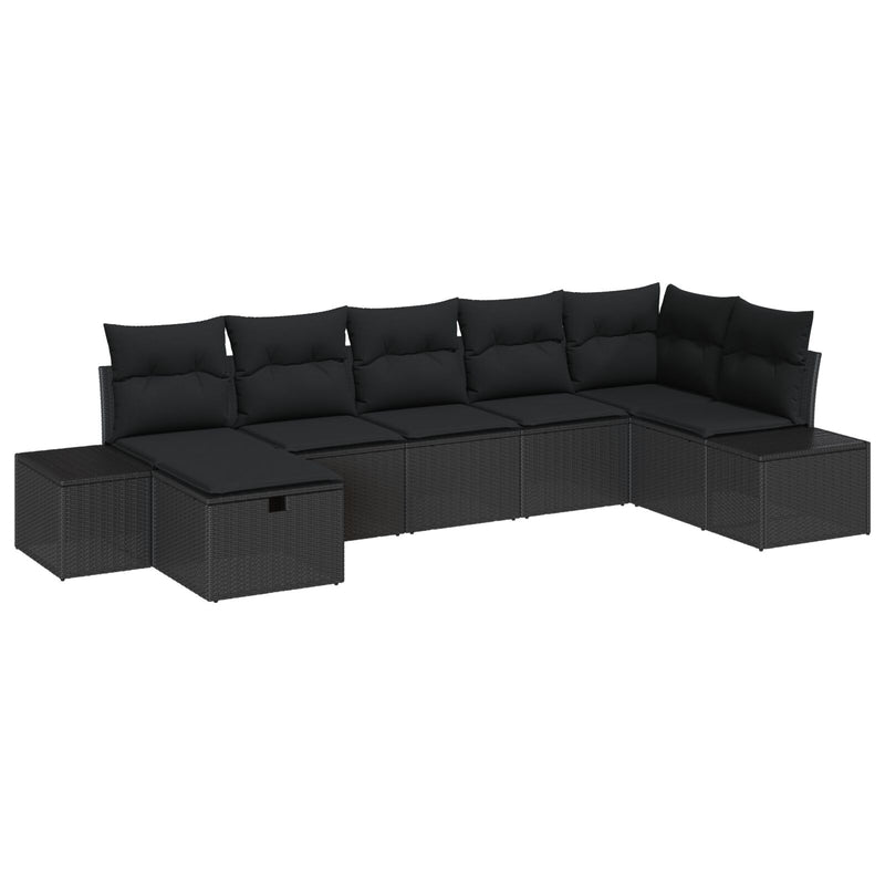 7 Piece Garden Sofa Set with Cushions Black Poly Rattan
