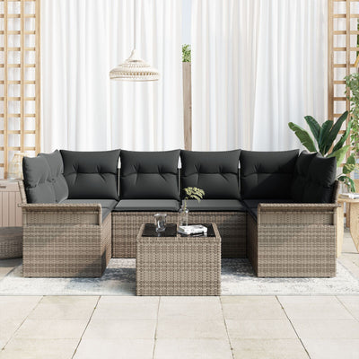 7 Piece Garden Sofa Set with Cushions Grey Poly Rattan